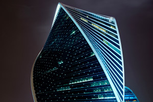 Evolution Tower, a distinctively luminous landmark on the Moscow night skyline.